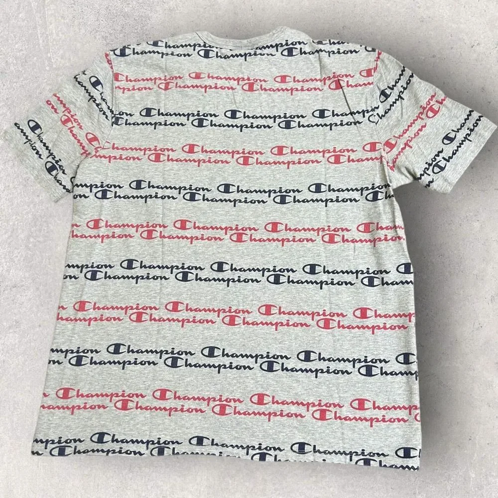 Champion Shirt‎ Mens XL Gray All Over Print Spell Out Short Sleeve Tee - Picture 2 of 7